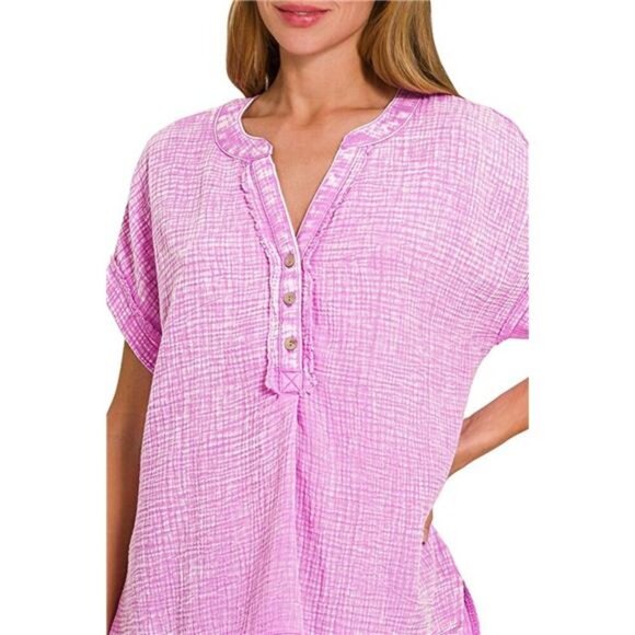 Zenana Washed Double Gauze 3/4 Button Henley Neck Shirt - Picture 2 of 3
